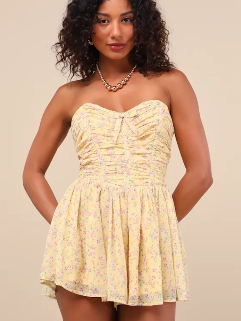 Lulus Marinella Yellow Floral Ruched Strapless Romper size S